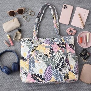 Vera Bradley Grand Tote 2.0 Palm Floral Leaf Quilted Tote Handbag Large Neutrals